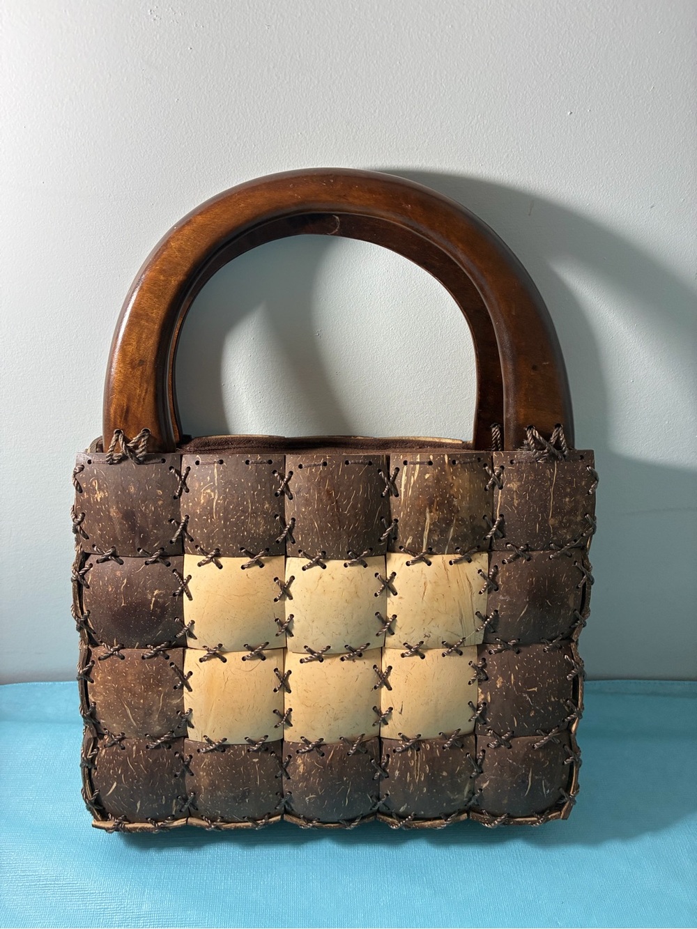 Handwoven Two-Tone Brown Coconut Shell Purse with Wooden Handles